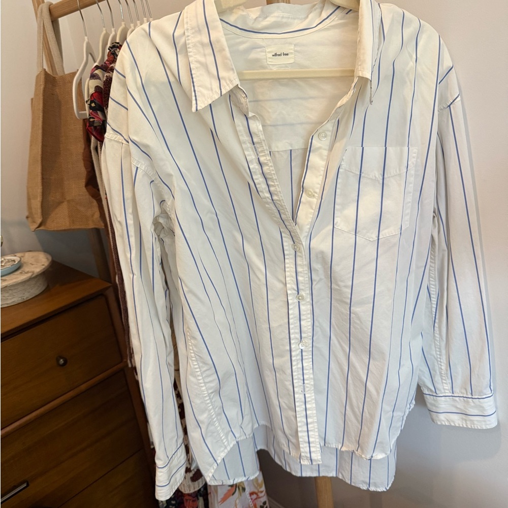 Wilfred Free Oversized White Button up Shirt with Blue Stripes (Aritzia)
